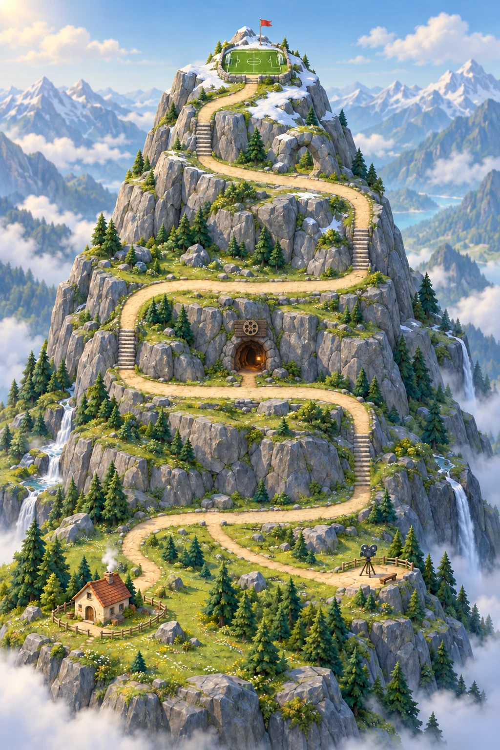 An illustrated alpine adventure: a winding trail through pine forests, flowing waterfalls and granite cliffs passes a lantern-lit cinema cave on its way to a summit football ground.