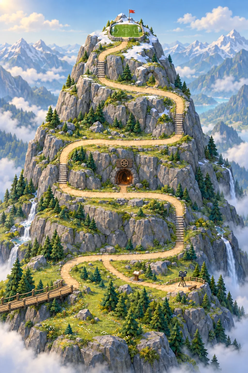 An illustrated alpine adventure: a winding trail through pine forests, flowing waterfalls and granite cliffs passes a guestbook stand, a bridge to the Playground, and a lantern-lit cinema cave on its way to a summit football ground.